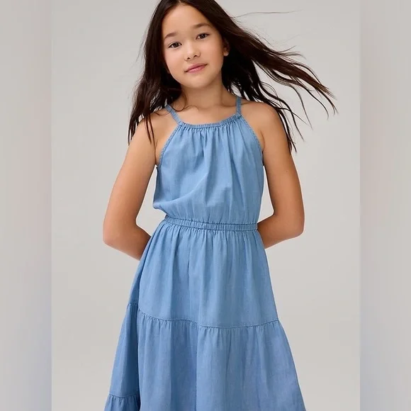 Gap Kids Chambray Tiered High Neck Midi Dress Girls Size Small 6-7 Blue NWT - Picture 2 of 9